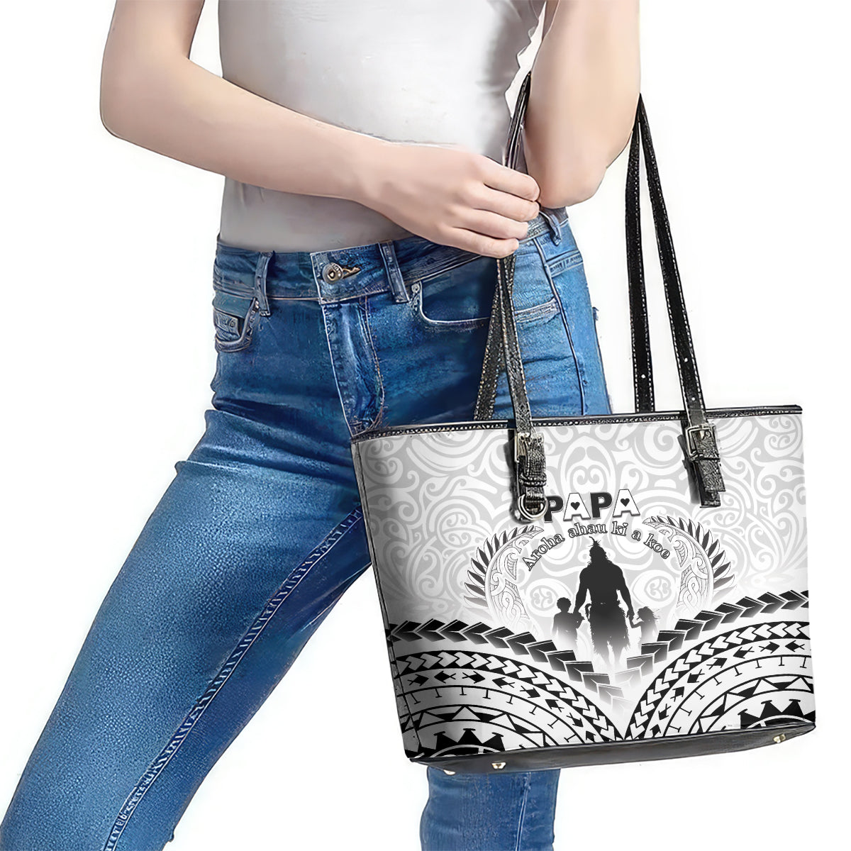 New Zealand Happy Father's Day Leather Tote Bag Aroha Ahau Ki A Koe Papa Polynesian Tribal LT05 - Polynesian Pride