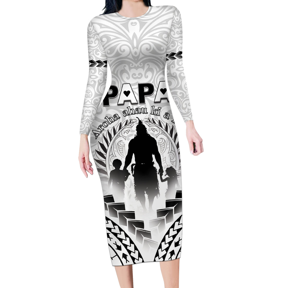Personalised New Zealand Happy Father's Day Long Sleeve Bodycon Dress Aroha Ahau Ki A Koe Papa Polynesian Tribal LT05 Long Dress White - Polynesian Pride