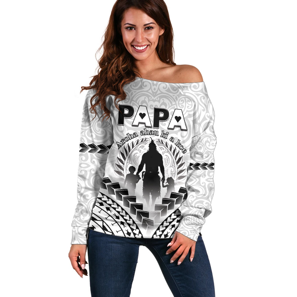 Personalised New Zealand Happy Father's Day Off Shoulder Sweater Aroha Ahau Ki A Koe Papa Polynesian Tribal LT05 Women White - Polynesian Pride