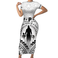 Personalised New Zealand Happy Father's Day Short Sleeve Bodycon Dress Aroha Ahau Ki A Koe Papa Polynesian Tribal LT05 Long Dress White - Polynesian Pride