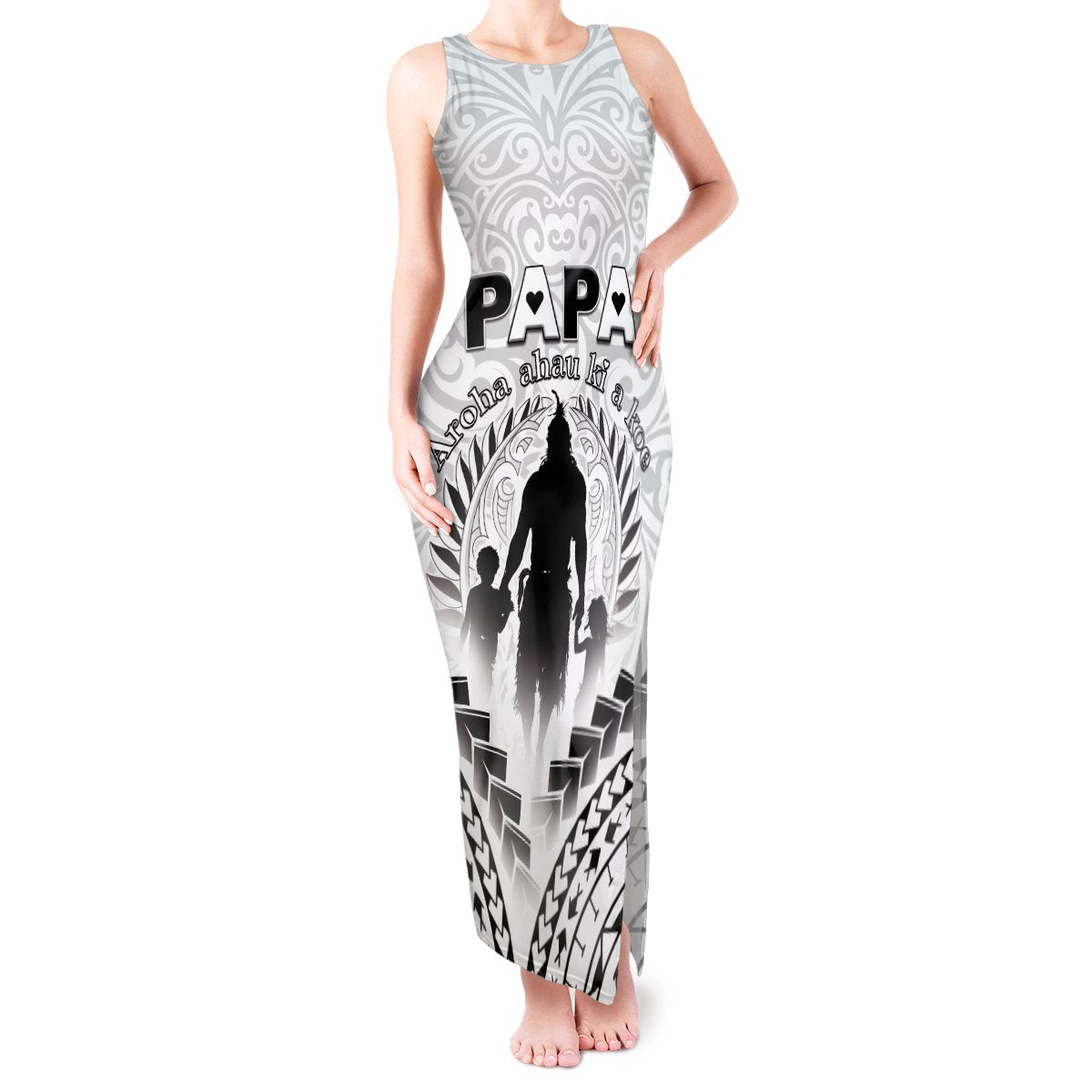 Personalised New Zealand Happy Father's Day Tank Maxi Dress Aroha Ahau Ki A Koe Papa Polynesian Tribal LT05 Women White - Polynesian Pride