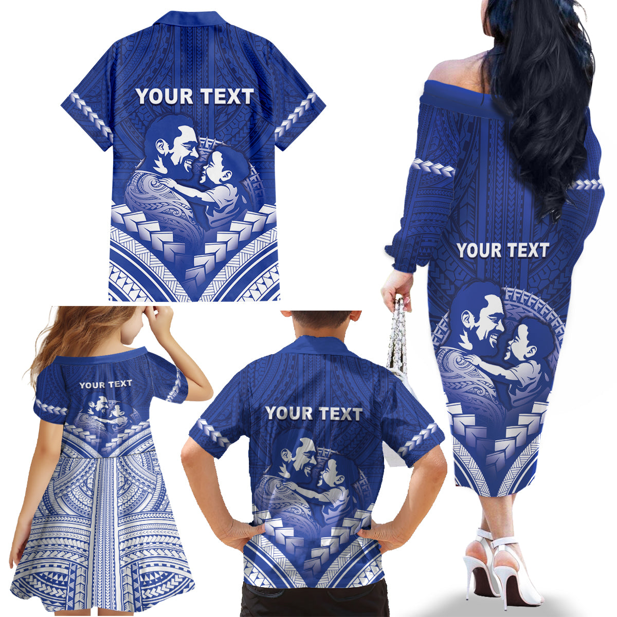 Personalised Samoa Happy Father's Day Family Matching Off The Shoulder Long Sleeve Dress and Hawaiian Shirt Ou Te Alofa Ia Te Oe Tama Dad Polynesian Tribal