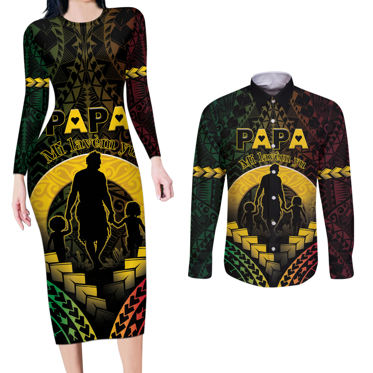 Personalised Vanuatu Happy Father's Day Couples Matching Long Sleeve Bodycon Dress and Long Sleeve Button Shirt Mi Lavem Yu Papa Polynesian Tribal LT05 Reggae - Polynesian Pride