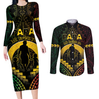 Personalised Vanuatu Happy Father's Day Couples Matching Long Sleeve Bodycon Dress and Long Sleeve Button Shirt Mi Lavem Yu Papa Polynesian Tribal LT05 Reggae - Polynesian Pride