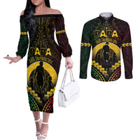 Personalised Vanuatu Happy Father's Day Couples Matching Off The Shoulder Long Sleeve Dress and Long Sleeve Button Shirt Mi Lavem Yu Papa Polynesian Tribal LT05 Reggae - Polynesian Pride