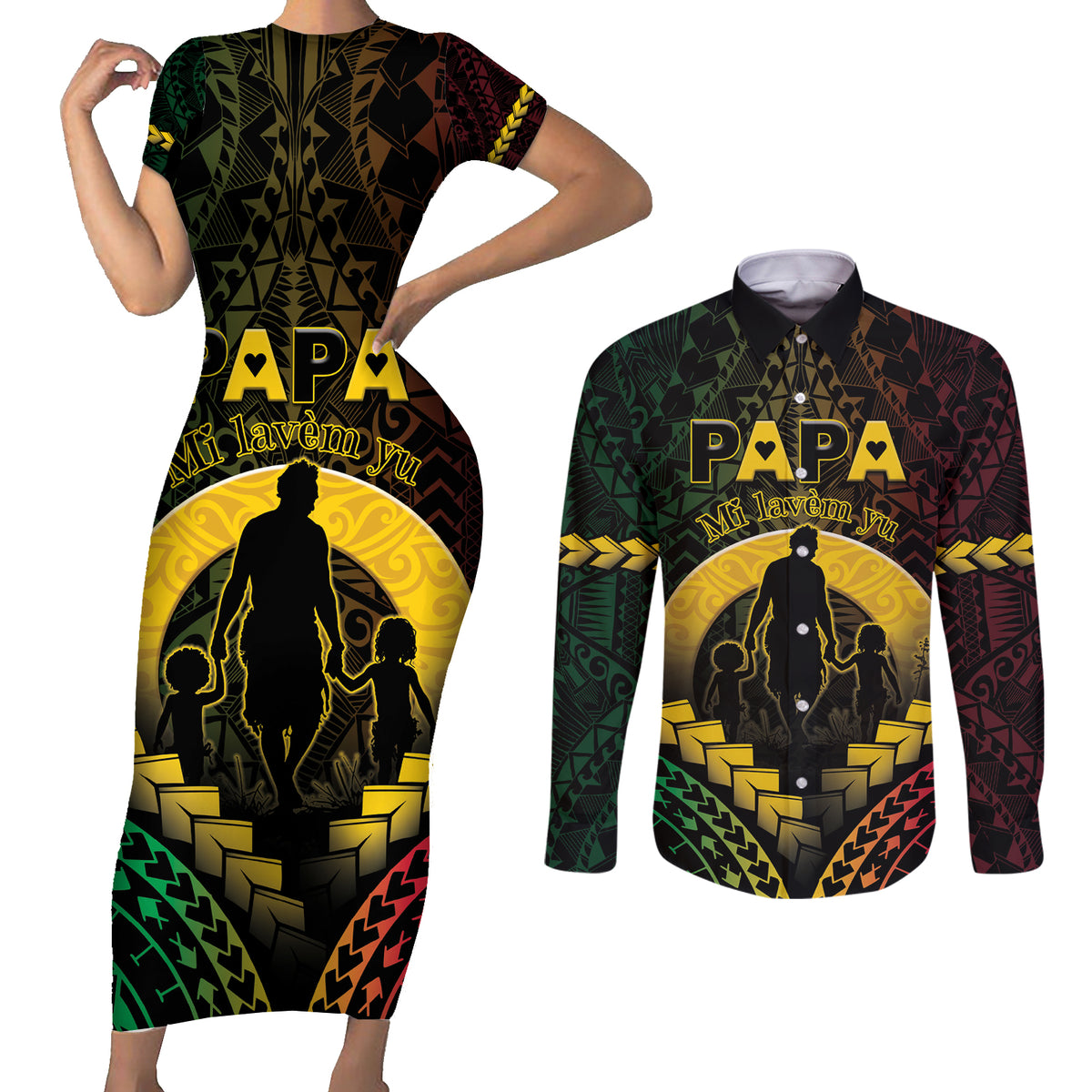 Personalised Vanuatu Happy Father's Day Couples Matching Short Sleeve Bodycon Dress and Long Sleeve Button Shirt Mi Lavem Yu Papa Polynesian Tribal LT05 Reggae - Polynesian Pride