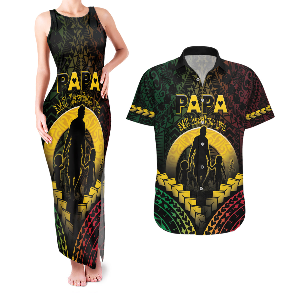 Personalised Vanuatu Happy Father's Day Couples Matching Tank Maxi Dress and Hawaiian Shirt Mi Lavem Yu Papa Polynesian Tribal LT05 Reggae - Polynesian Pride