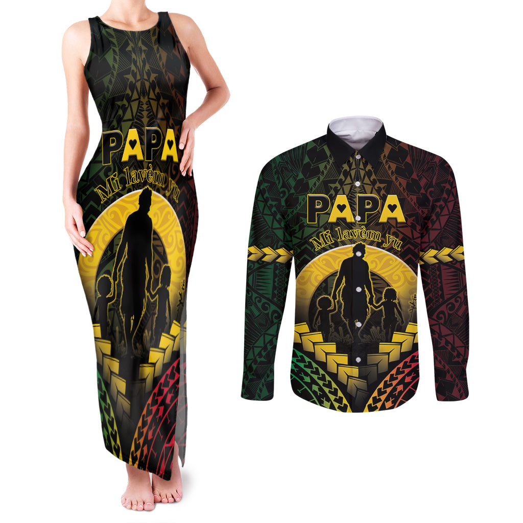 Personalised Vanuatu Happy Father's Day Couples Matching Tank Maxi Dress and Long Sleeve Button Shirt Mi Lavem Yu Papa Polynesian Tribal LT05 Reggae - Polynesian Pride