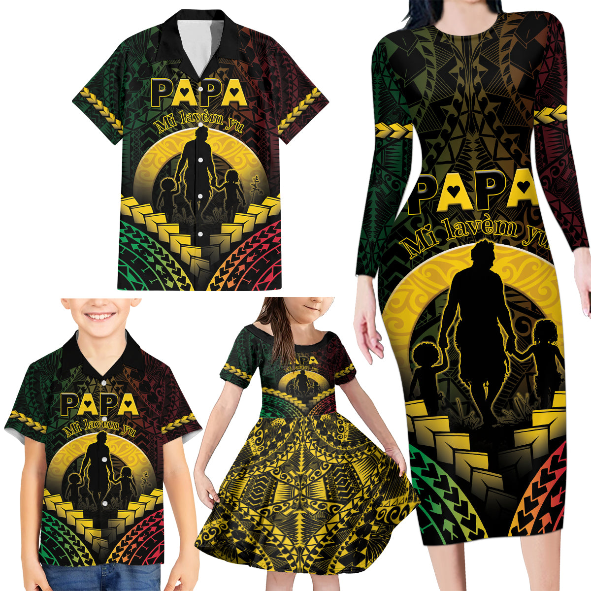 Personalised Vanuatu Happy Father's Day Family Matching Long Sleeve Bodycon Dress and Hawaiian Shirt Mi Lavem Yu Papa Polynesian Tribal LT05 - Polynesian Pride
