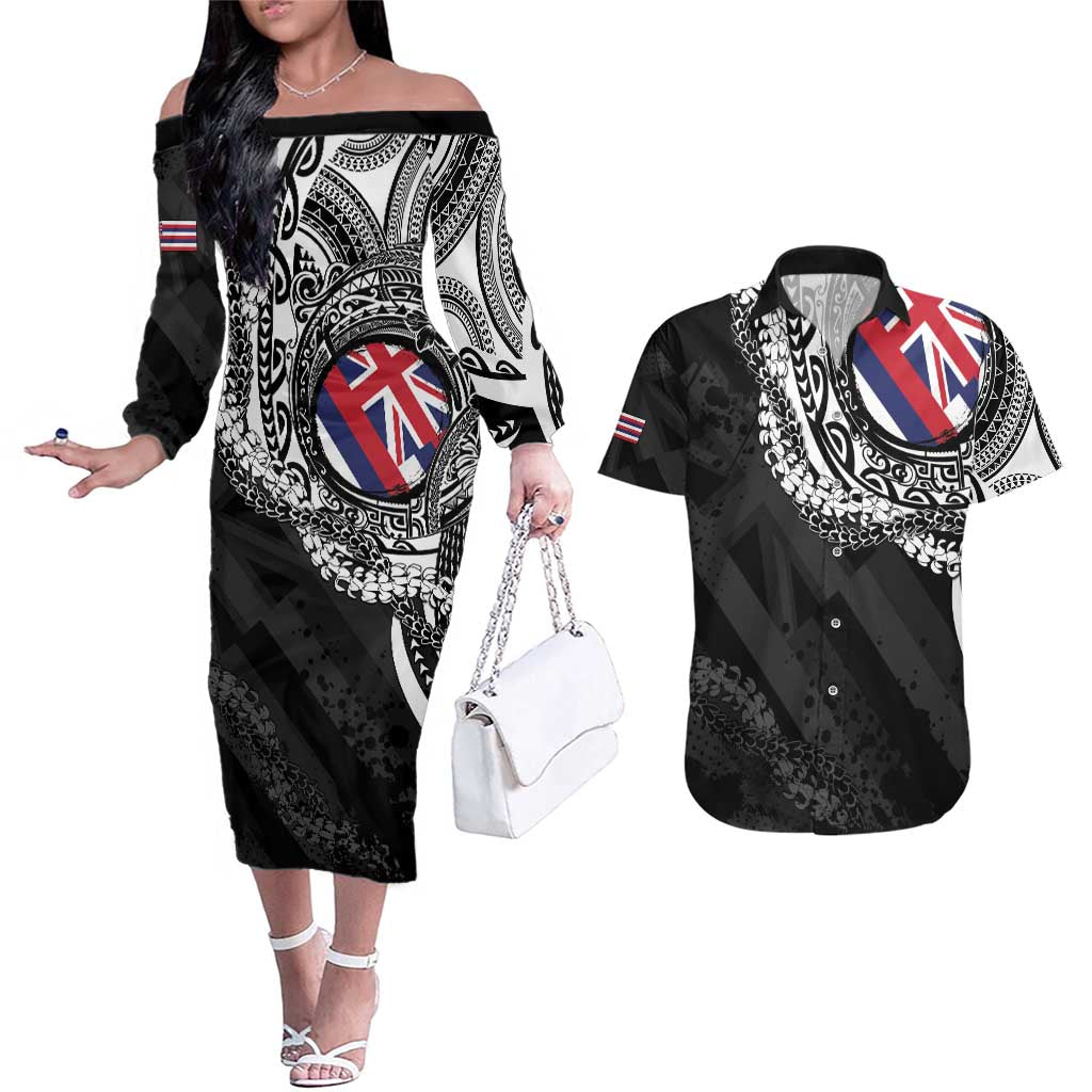 Hawaii Flag Day Couples Matching Off The Shoulder Long Sleeve Dress and Hawaiian Shirt Hawaiian Maile Lei