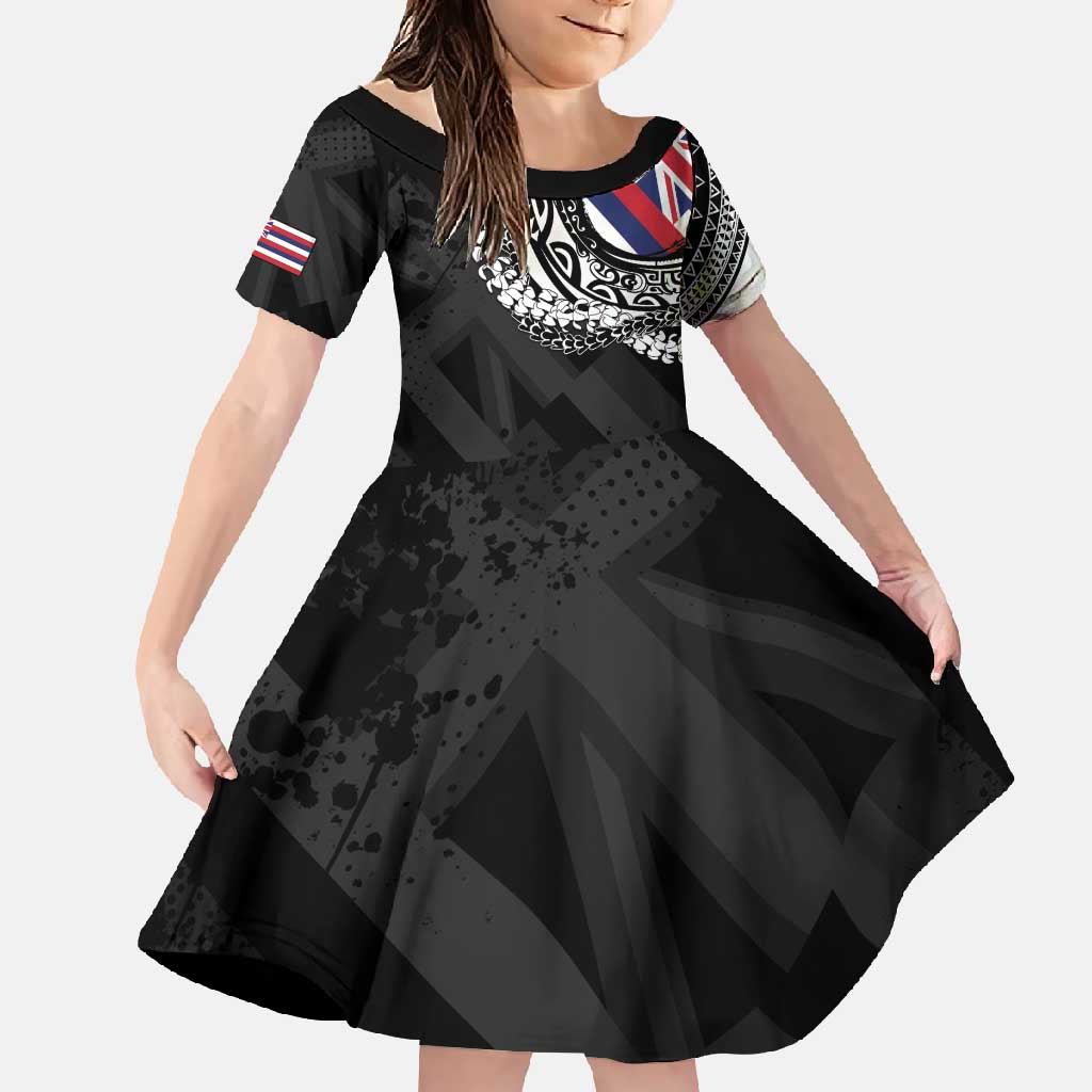 Hawaii Flag Day Family Matching Long Sleeve Bodycon Dress and Hawaiian Shirt Hawaiian Maile Lei LT05 Daughter's Dress Black - Polynesian Pride