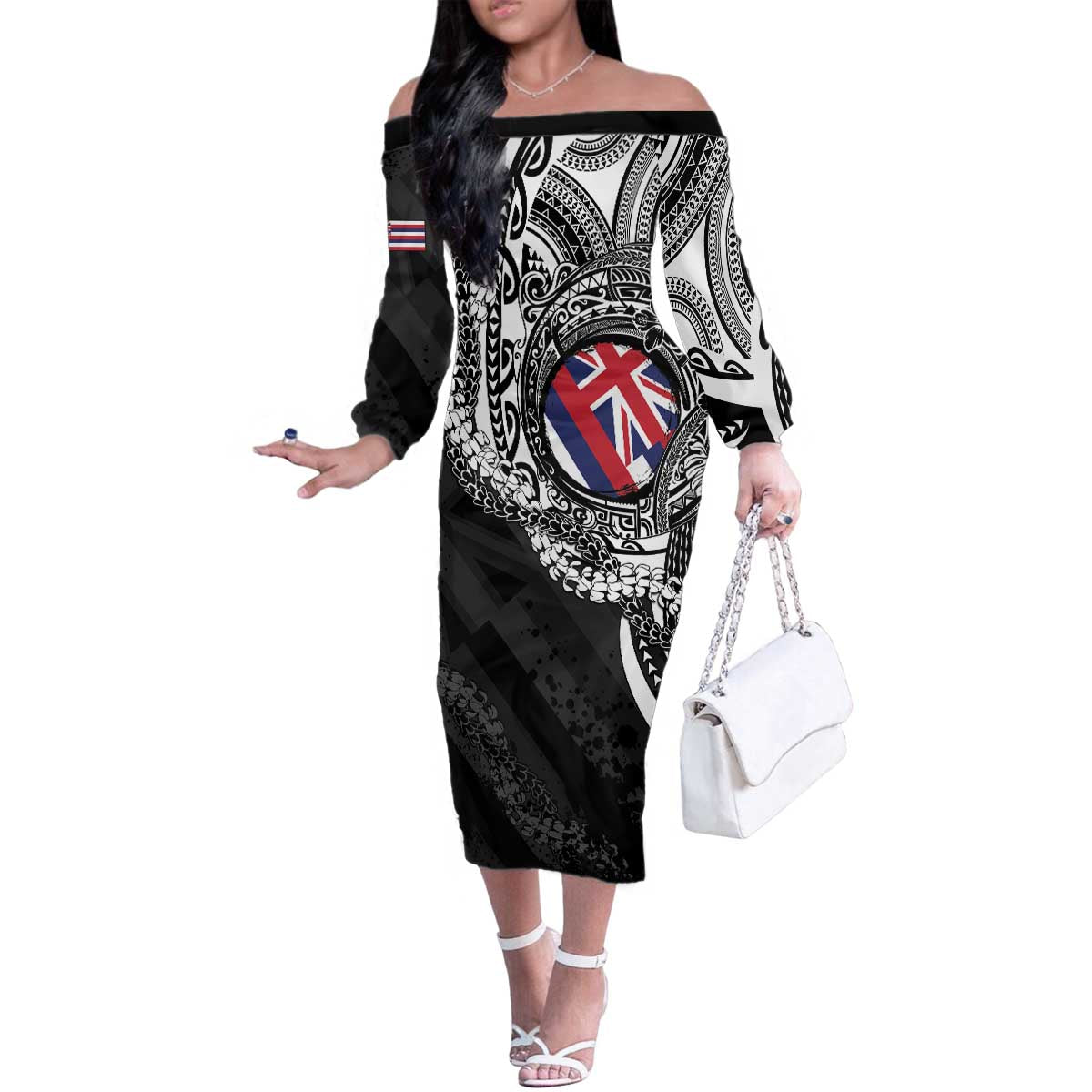 Hawaii Flag Day Family Matching Off The Shoulder Long Sleeve Dress and Hawaiian Shirt Hawaiian Maile Lei