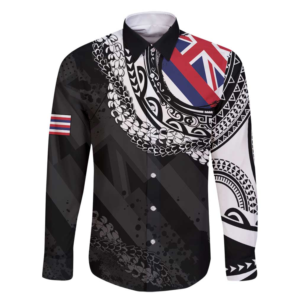 Hawaii Flag Day Family Matching Off Shoulder Short Dress and Hawaiian Shirt Hawaiian Maile Lei LT05 Dad's Shirt - Long Sleeve Black - Polynesian Pride