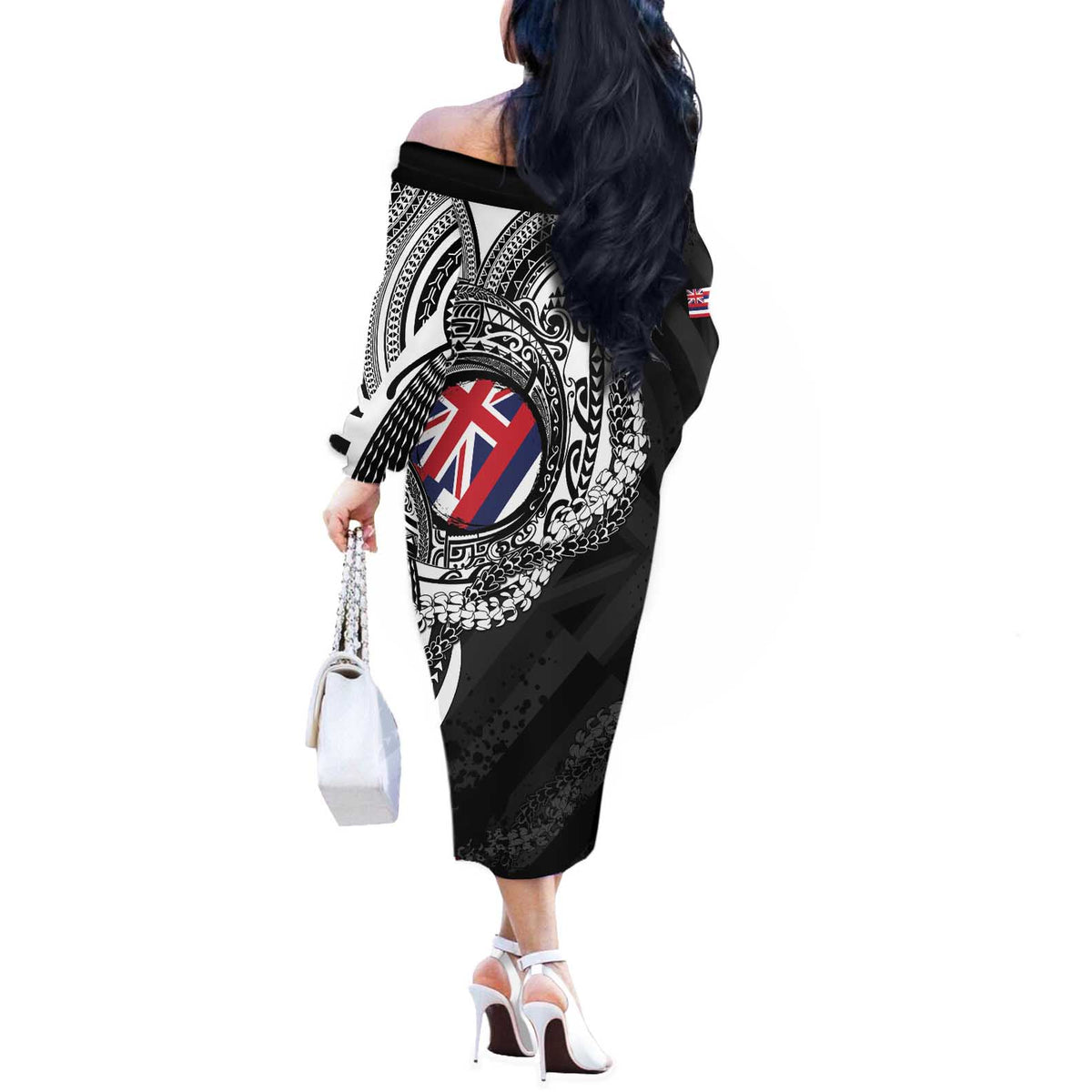 Hawaii Flag Day Off The Shoulder Long Sleeve Dress Hawaiian Maile Lei LT05 - Polynesian Pride