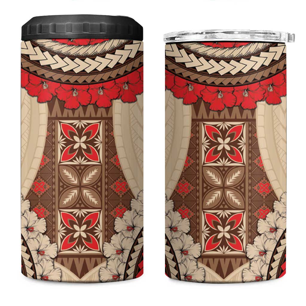 Samoa Language Week 4 in 1 Can Cooler Tumbler Samoan Motif With Red Hibiscus