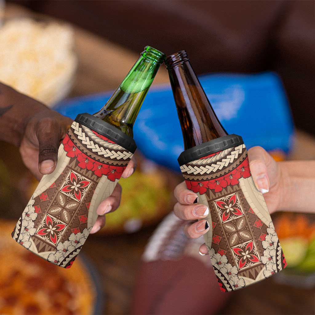Samoa Language Week 4 in 1 Can Cooler Tumbler Samoan Motif With Red Hibiscus