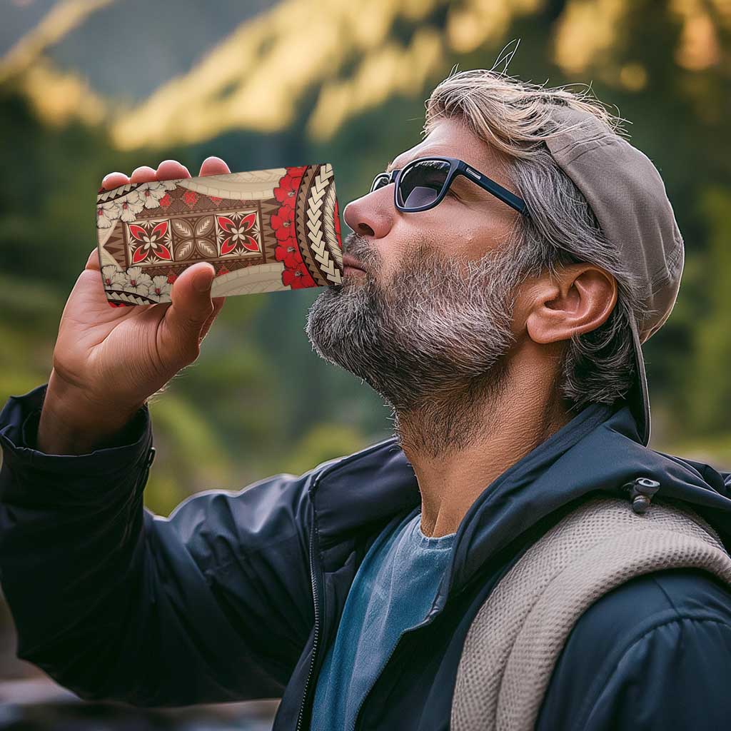 Samoa Language Week 4 in 1 Can Cooler Tumbler Samoan Motif With Red Hibiscus
