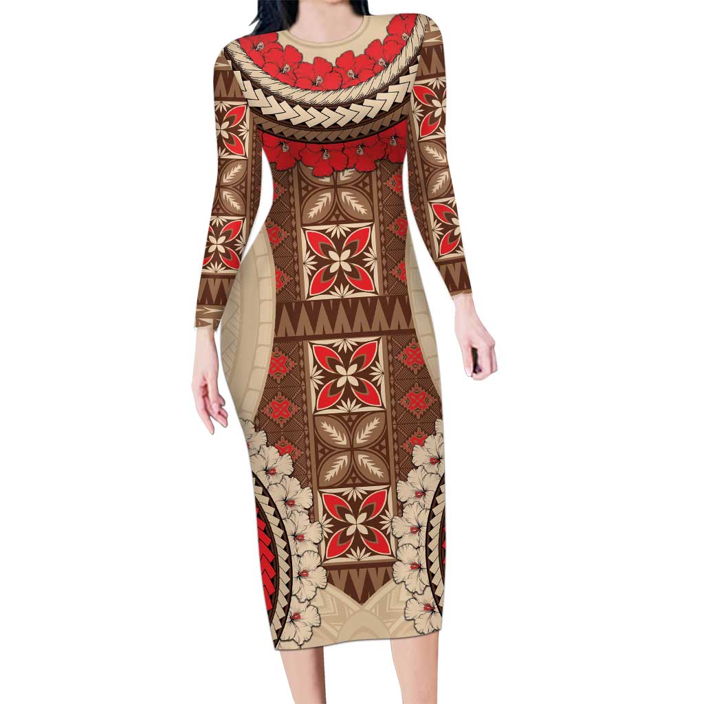 Samoa Language Week Long Sleeve Bodycon Dress Samoan Motif With Red Hibiscus LT05 Long Dress Beige - Polynesian Pride