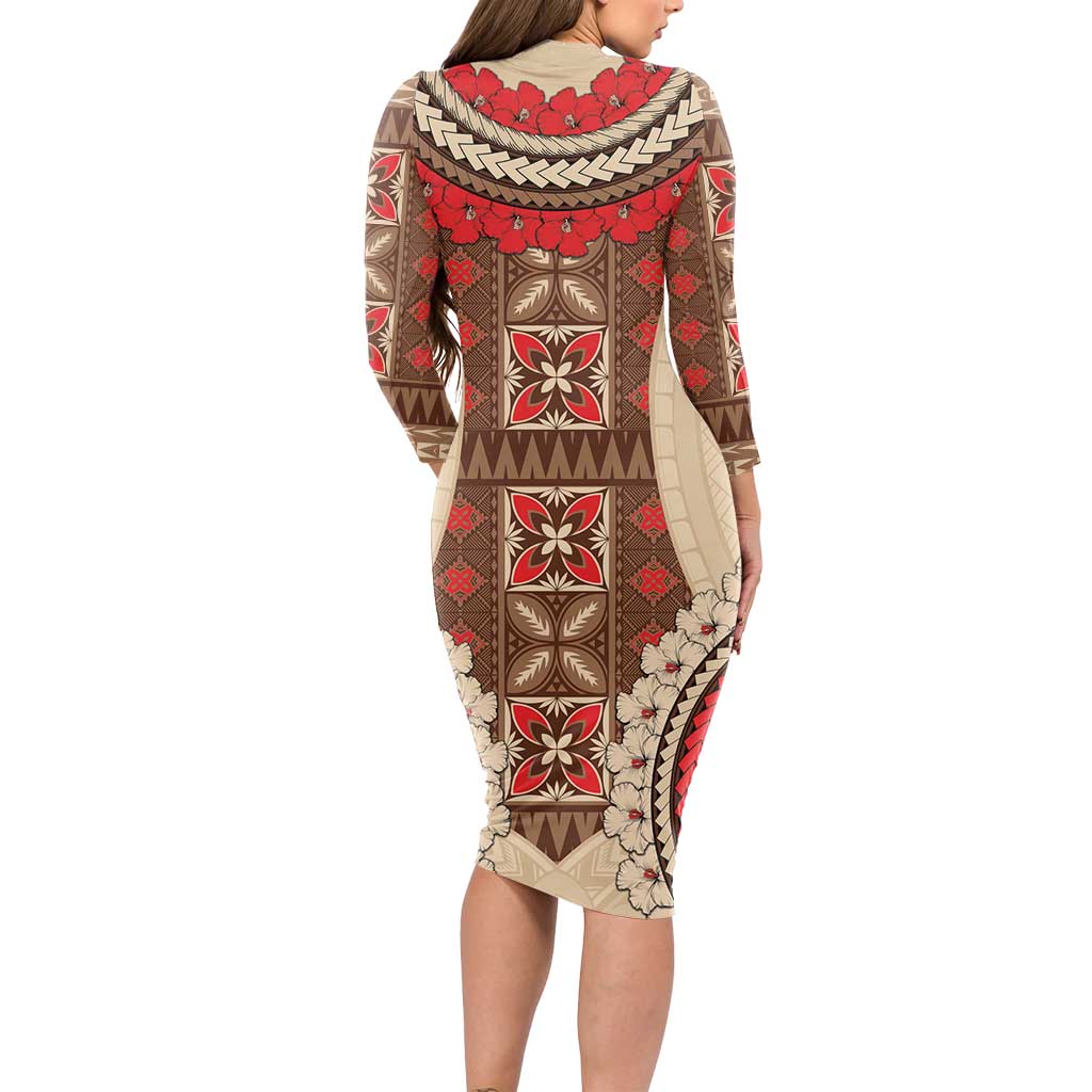 Samoa Language Week Long Sleeve Bodycon Dress Samoan Motif With Red Hibiscus LT05 - Polynesian Pride