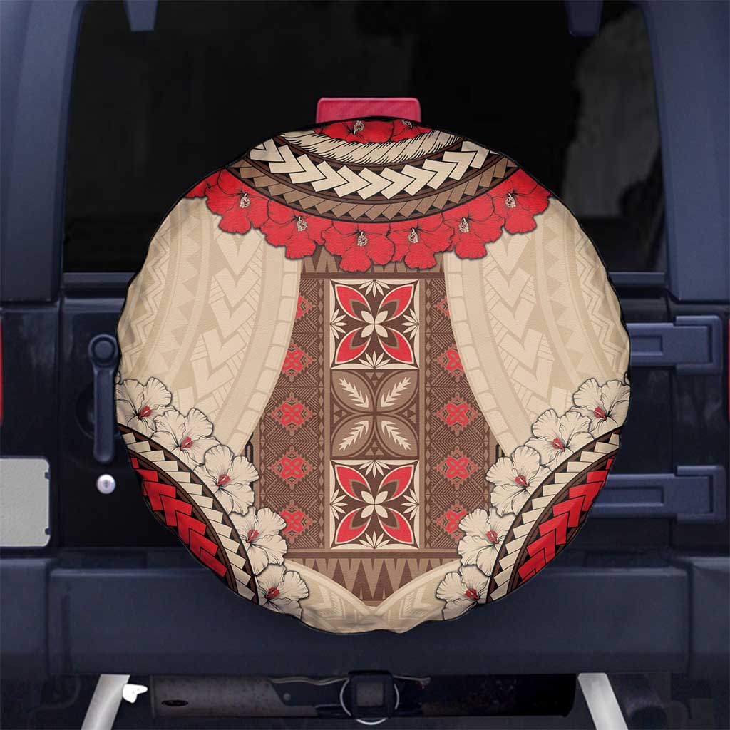 Samoa Language Week Spare Tire Cover Samoan Motif With Red Hibiscus