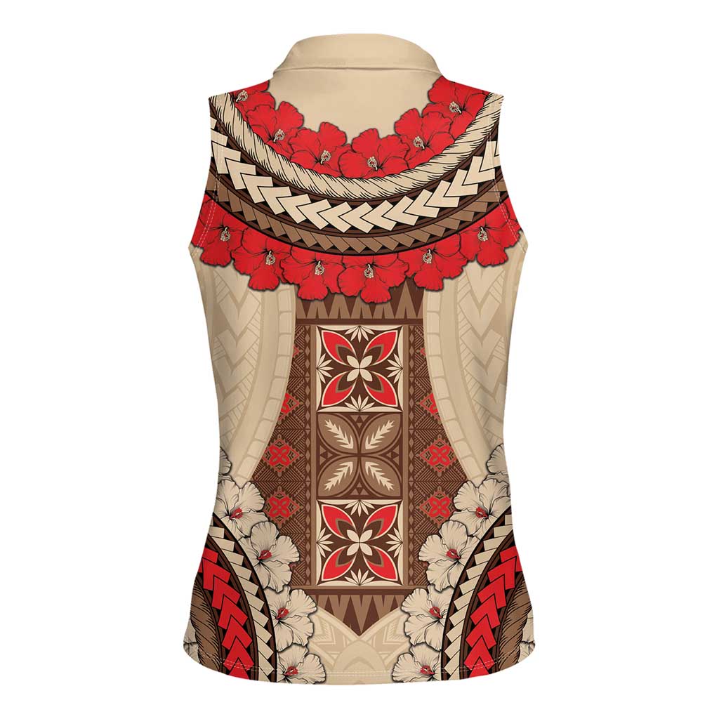 Samoa Language Week Women Sleeveless Polo Shirt Samoan Motif With Red Hibiscus