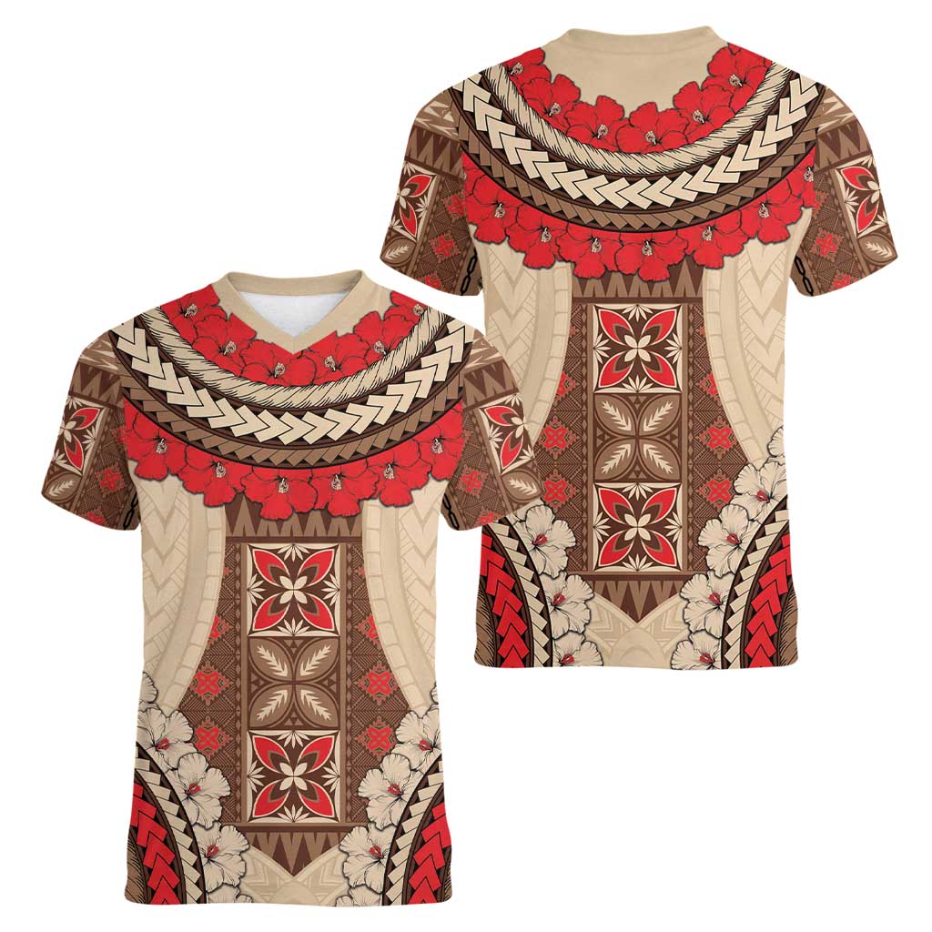 Samoa Language Week Women V-Neck T-Shirt Samoan Motif With Red Hibiscus
