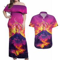 Hawaii Kilauea Volcano Couples Matching Off Shoulder Maxi Dress and Hawaiian Shirt There Is Pele Goddess Of The Volcano LT05 Purple - Polynesian Pride