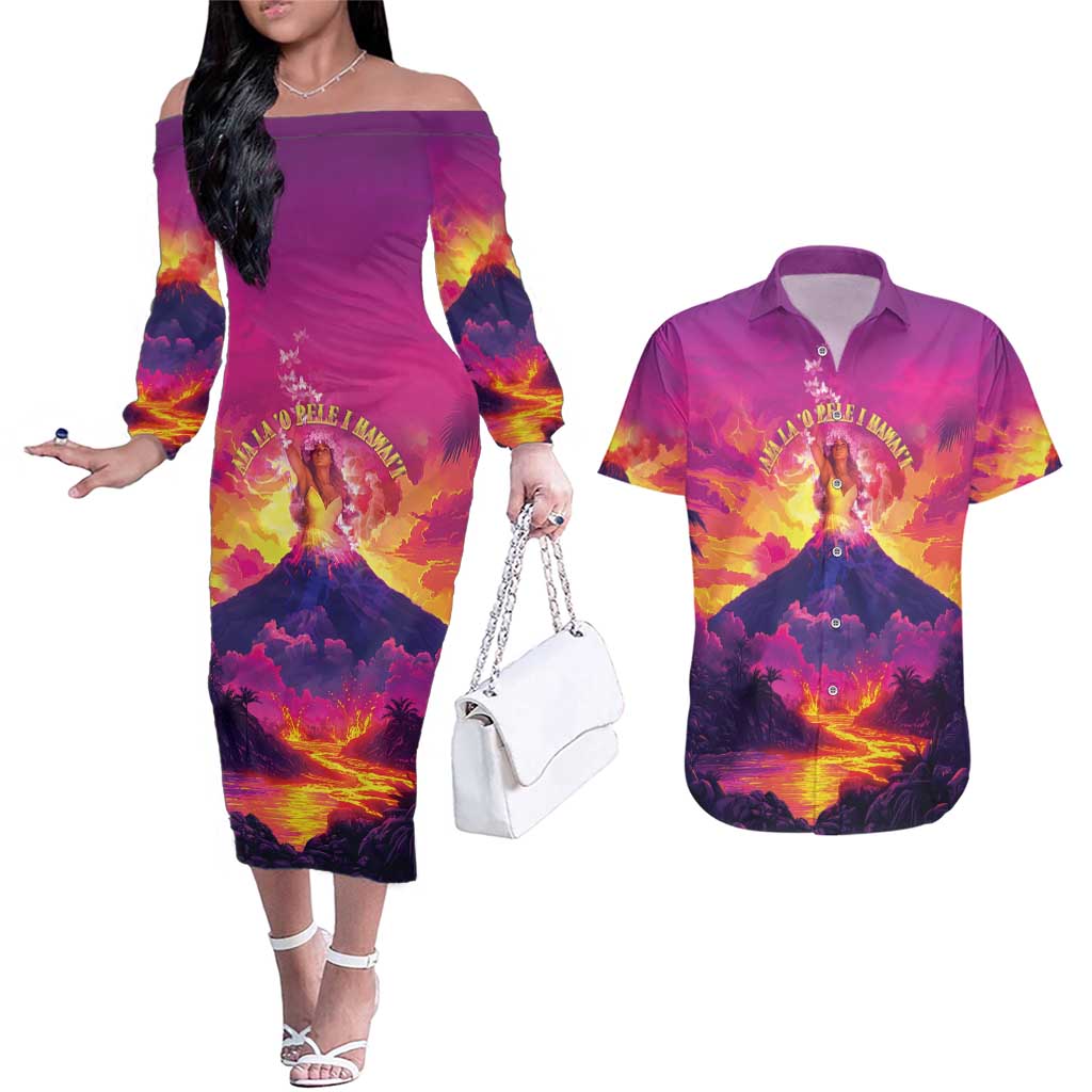 Hawaii Kilauea Volcano Couples Matching Off The Shoulder Long Sleeve Dress and Hawaiian Shirt There Is Pele Goddess Of The Volcano - Polynesian Pride