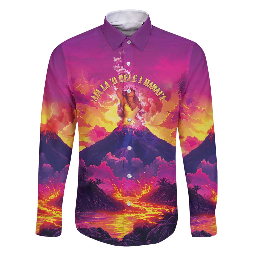 Hawaii Kilauea Volcano Family Matching Mermaid Dress and Hawaiian Shirt There Is Pele Goddess Of The Volcano LT05 Dad's Shirt - Long Sleeve Purple - Polynesian Pride