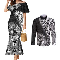 Hibiscus With Black Austronesian Tattoo Pattern Couples Matching Mermaid Dress and Long Sleeve Button Shirt - Polynesian Pride