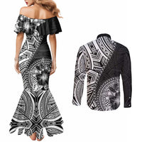 Hibiscus With Black Austronesian Tattoo Pattern Couples Matching Mermaid Dress and Long Sleeve Button Shirt - Polynesian Pride