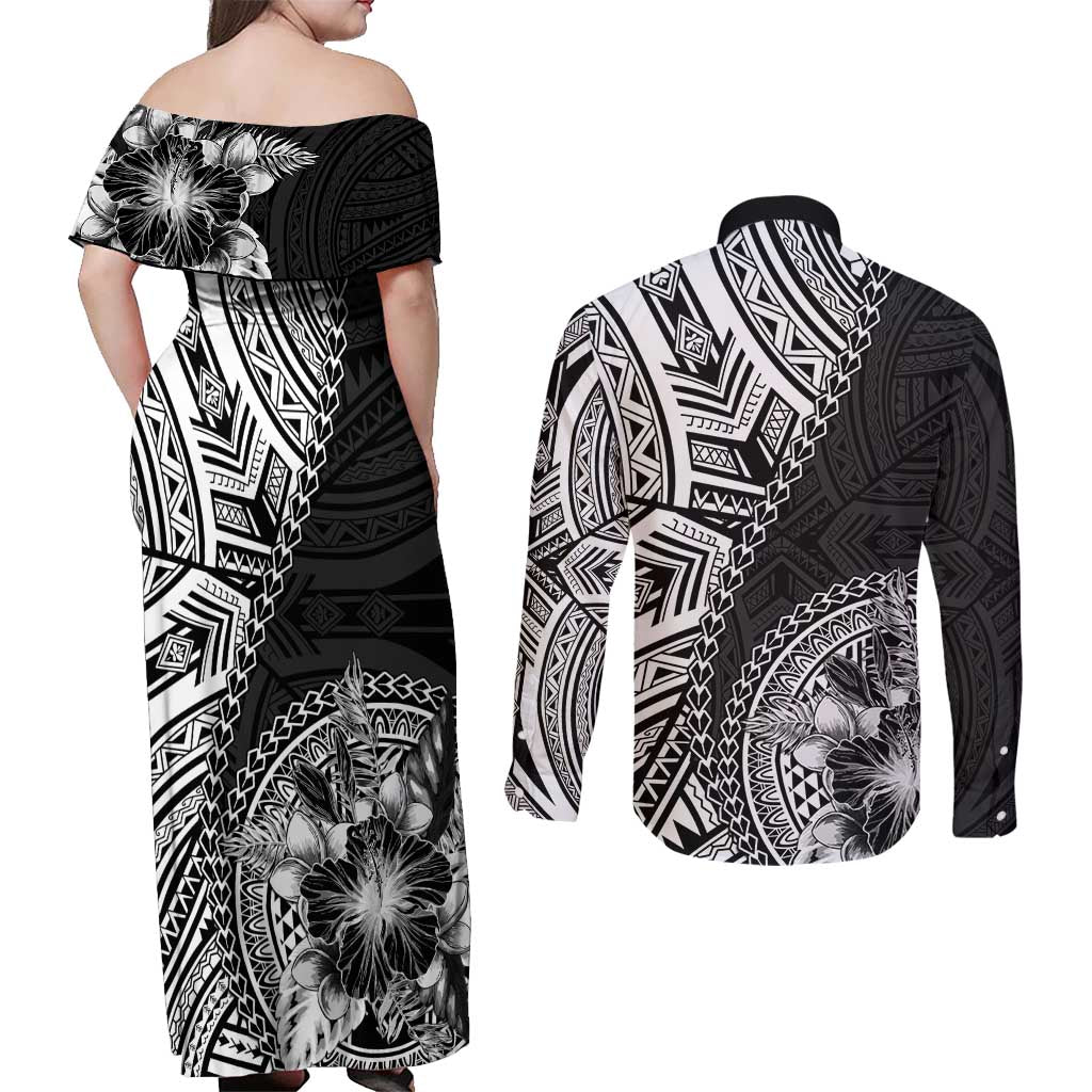 Hibiscus With Black Austronesian Tattoo Pattern Couples Matching Off Shoulder Maxi Dress and Long Sleeve Button Shirt - Polynesian Pride