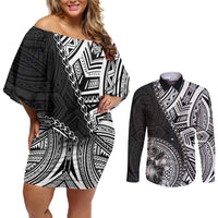 Hibiscus With Black Austronesian Tattoo Pattern Couples Matching Off Shoulder Short Dress and Long Sleeve Button Shirt - Polynesian Pride