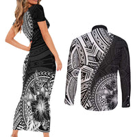 Hibiscus With Black Austronesian Tattoo Pattern Couples Matching Short Sleeve Bodycon Dress and Long Sleeve Button Shirt - Polynesian Pride