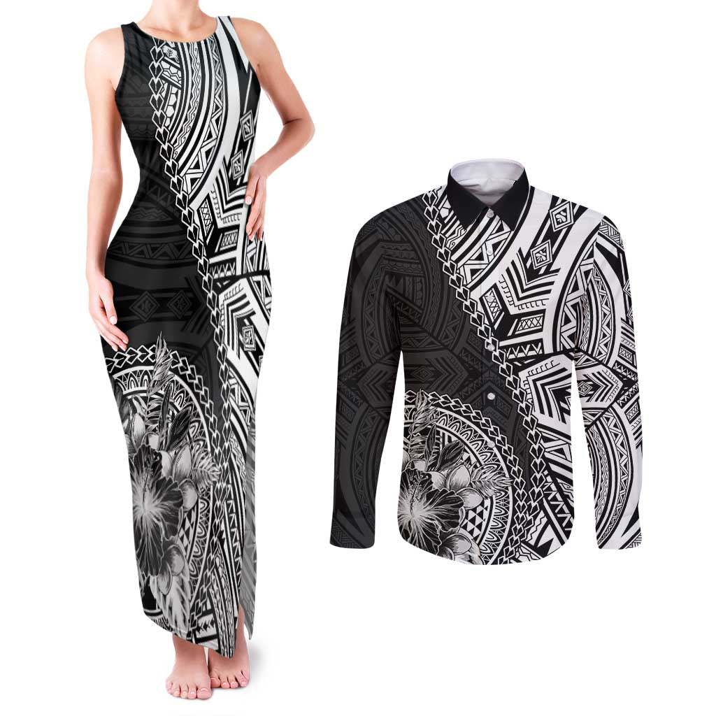 Hibiscus With Black Austronesian Tattoo Pattern Couples Matching Tank Maxi Dress and Long Sleeve Button Shirt - Polynesian Pride