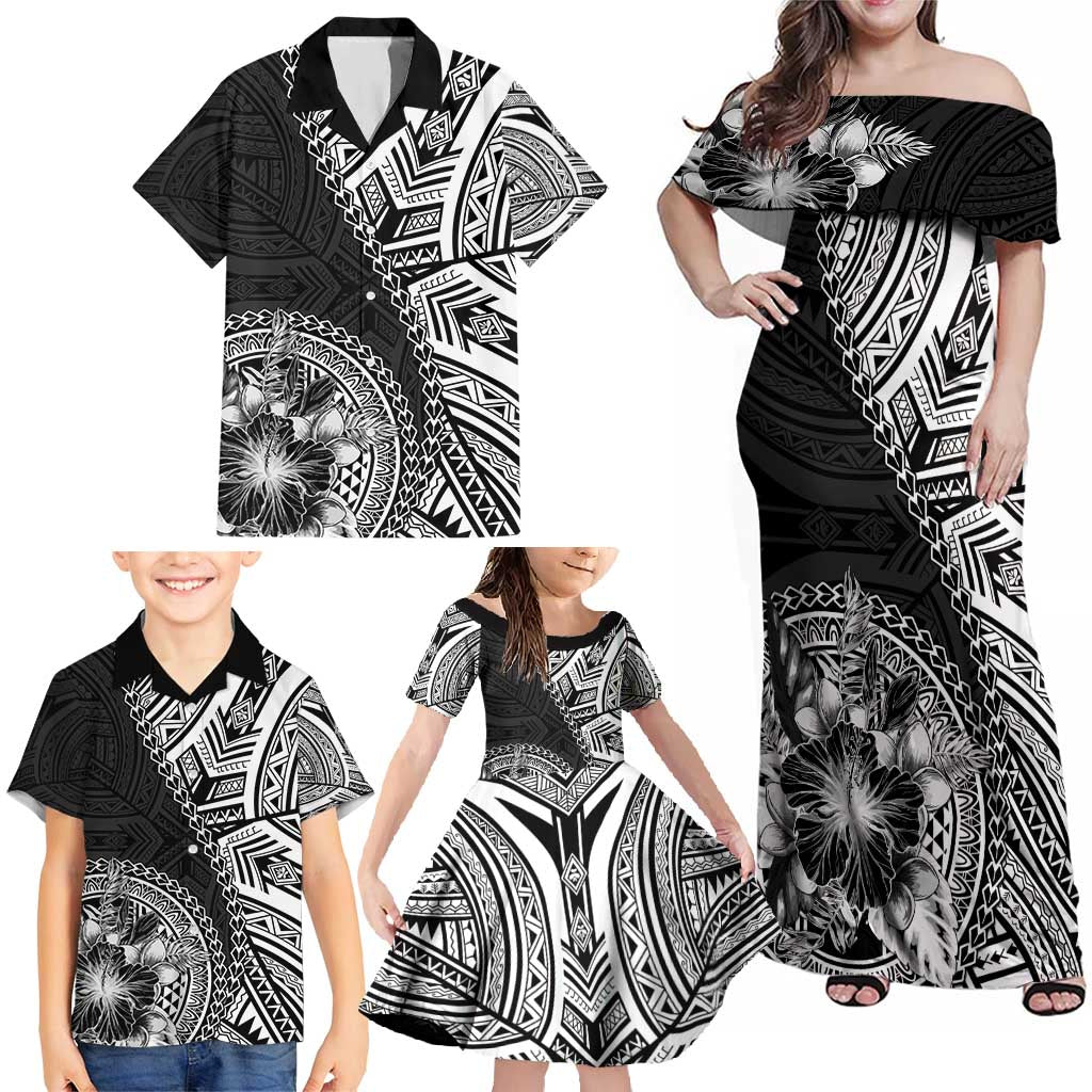 Hibiscus With Black Austronesian Tattoo Pattern Family Matching Off Shoulder Maxi Dress and Hawaiian Shirt - Polynesian Pride
