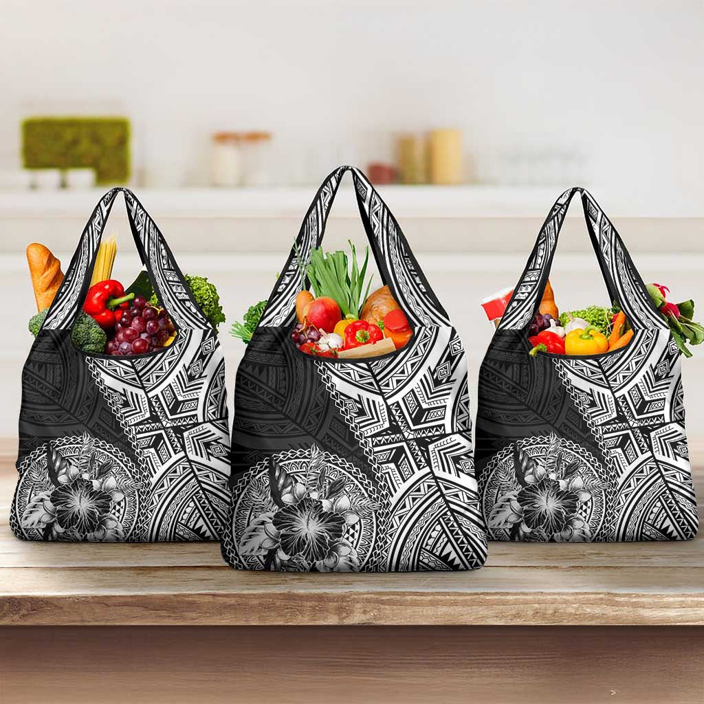 Hibiscus With Black Austronesian Tattoo Pattern Grocery Bag - Polynesian Pride