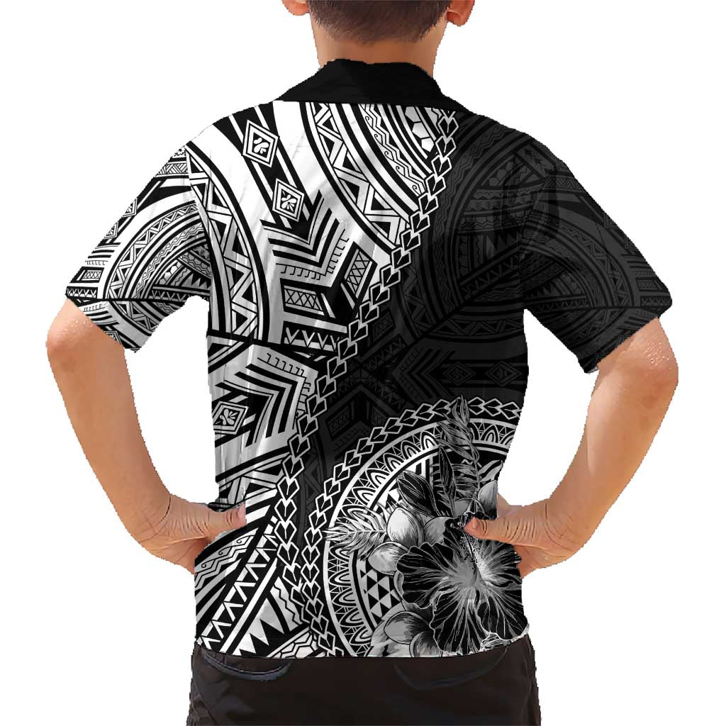 Hibiscus With Black Austronesian Tattoo Pattern Kid Hawaiian Shirt - Polynesian Pride