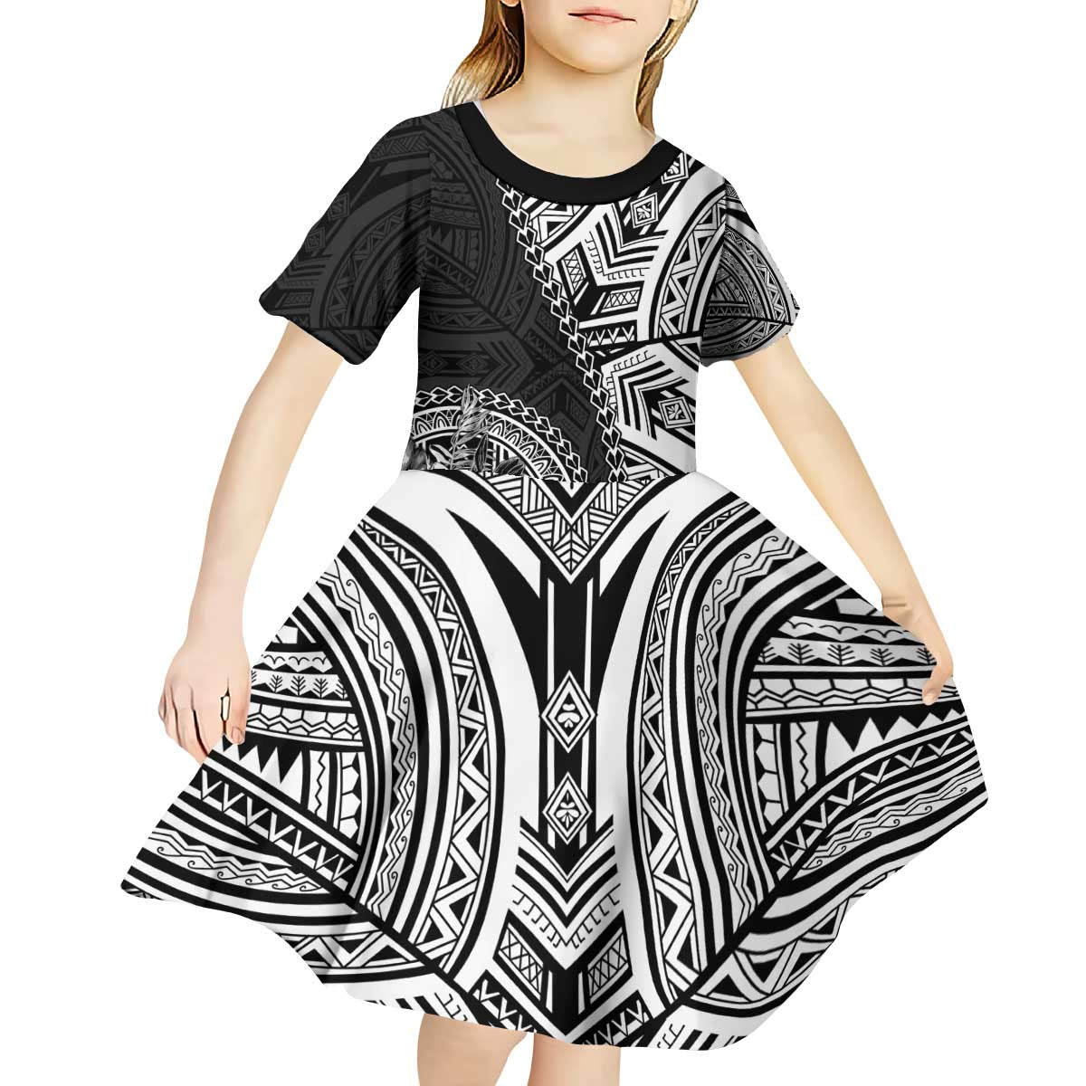 Hibiscus With Black Austronesian Tattoo Pattern Kid Short Sleeve Dress - Polynesian Pride
