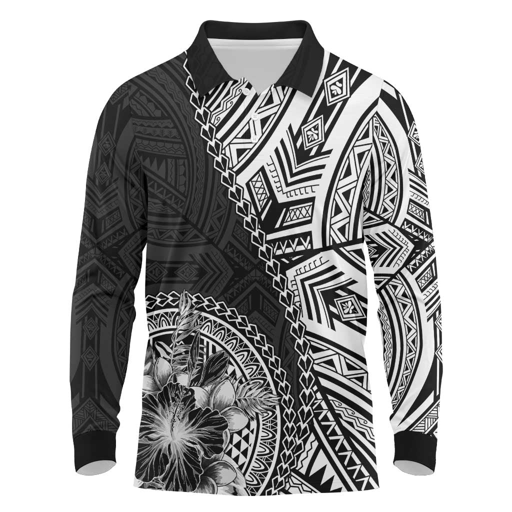 Hibiscus With Black Austronesian Tattoo Pattern Long Sleeve Polo Shirt LT05 Black - Polynesian Pride