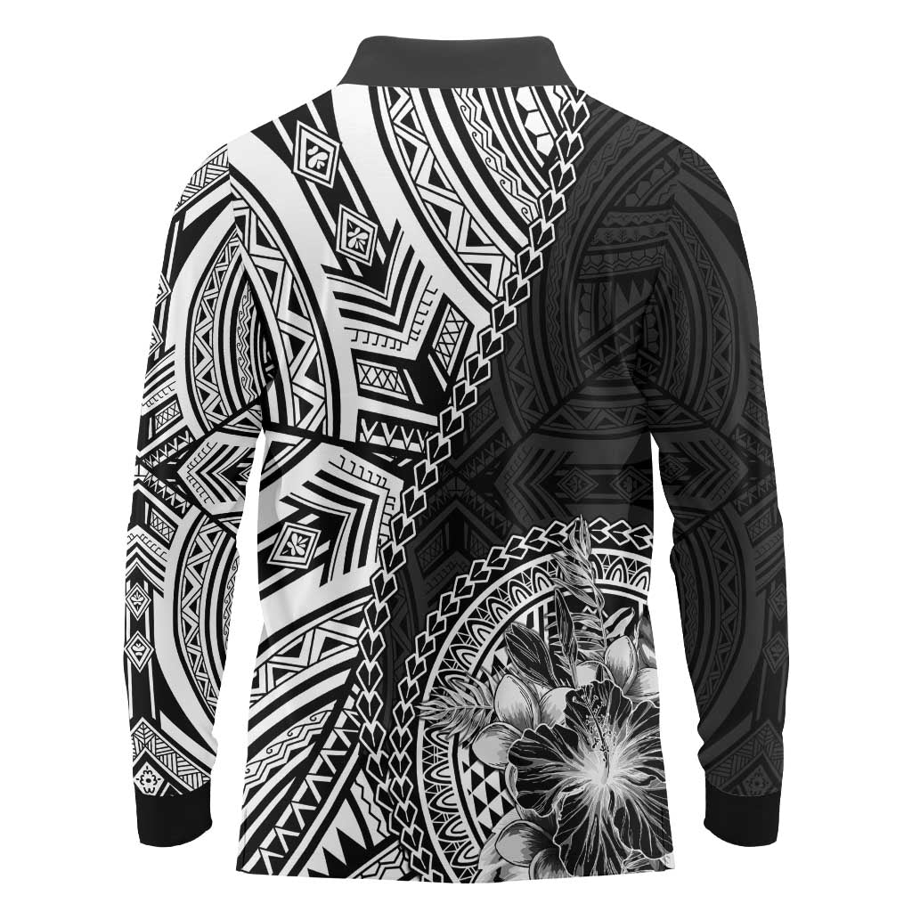 Hibiscus With Black Austronesian Tattoo Pattern Long Sleeve Polo Shirt LT05 - Polynesian Pride