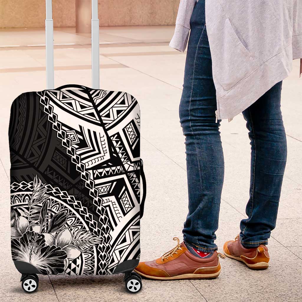 Hibiscus With Black Austronesian Tattoo Pattern Luggage Cover LT05 Black - Polynesian Pride