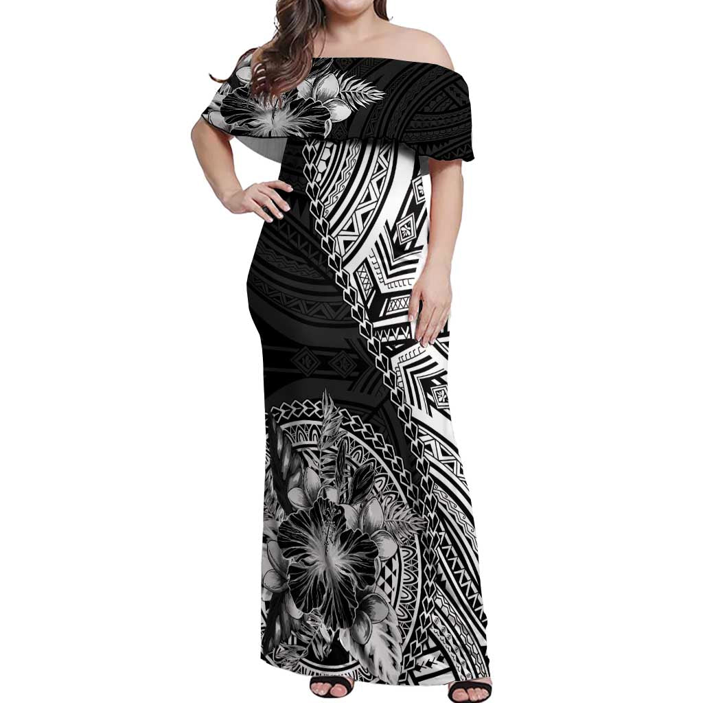 Hibiscus With Black Austronesian Tattoo Pattern Off Shoulder Maxi Dress - Polynesian Pride