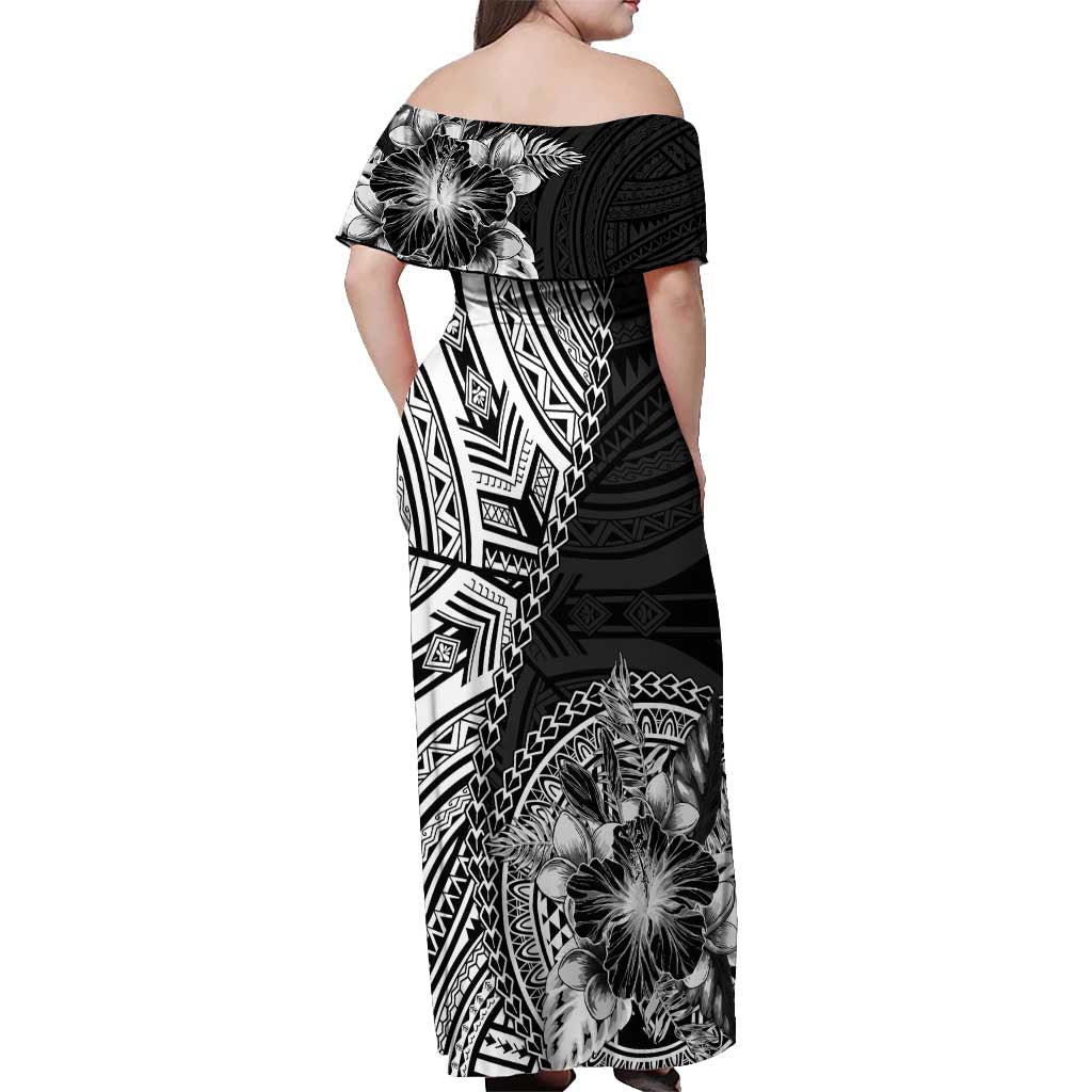 Hibiscus With Black Austronesian Tattoo Pattern Off Shoulder Maxi Dress - Polynesian Pride