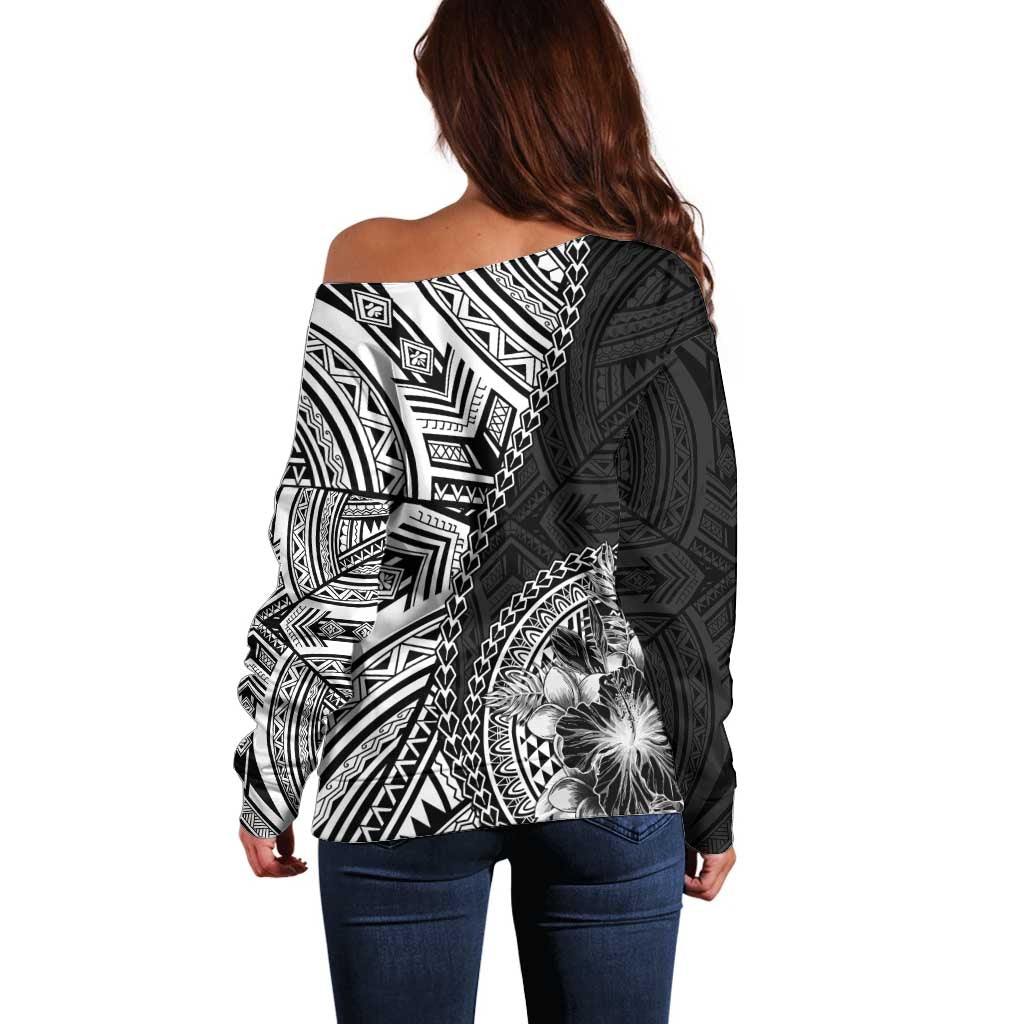 Hibiscus With Black Austronesian Tattoo Pattern Off Shoulder Sweater - Polynesian Pride