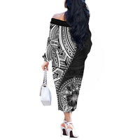 Hibiscus With Black Austronesian Tattoo Pattern Off The Shoulder Long Sleeve Dress - Polynesian Pride
