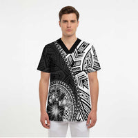 Hibiscus With Black Austronesian Tattoo Pattern Scrub Top - Polynesian Pride