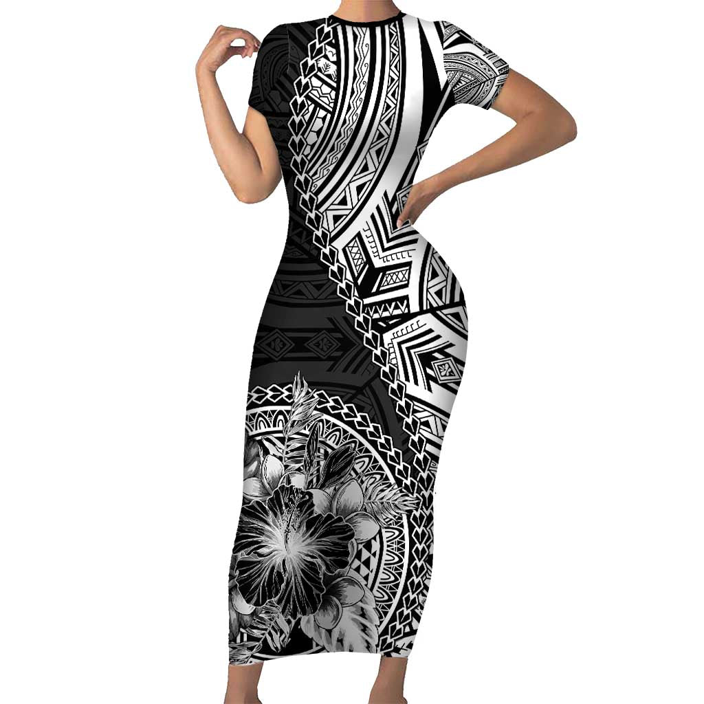 Hibiscus With Black Austronesian Tattoo Pattern Short Sleeve Bodycon Dress - Polynesian Pride