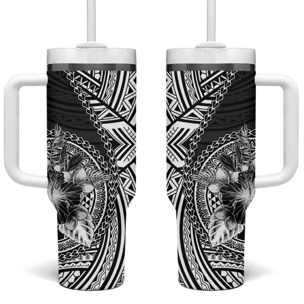 Hibiscus With Black Austronesian Tattoo Pattern Tumbler With Handle - Polynesian Pride
