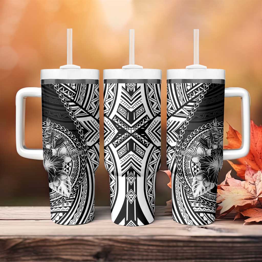 Hibiscus With Black Austronesian Tattoo Pattern Tumbler With Handle - Polynesian Pride